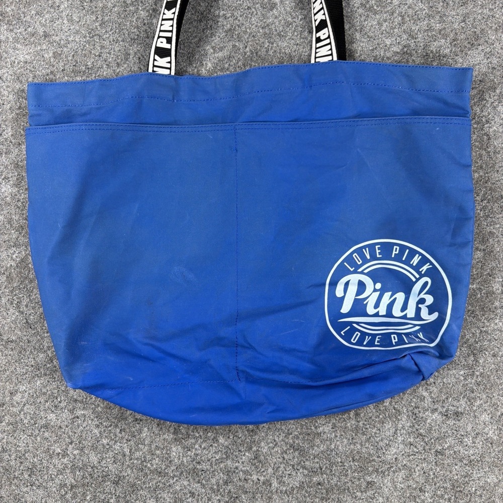 Victoria's Secret PINK Blue Canvas Tote Bag Logo Woven Strap Travel Beach Pool